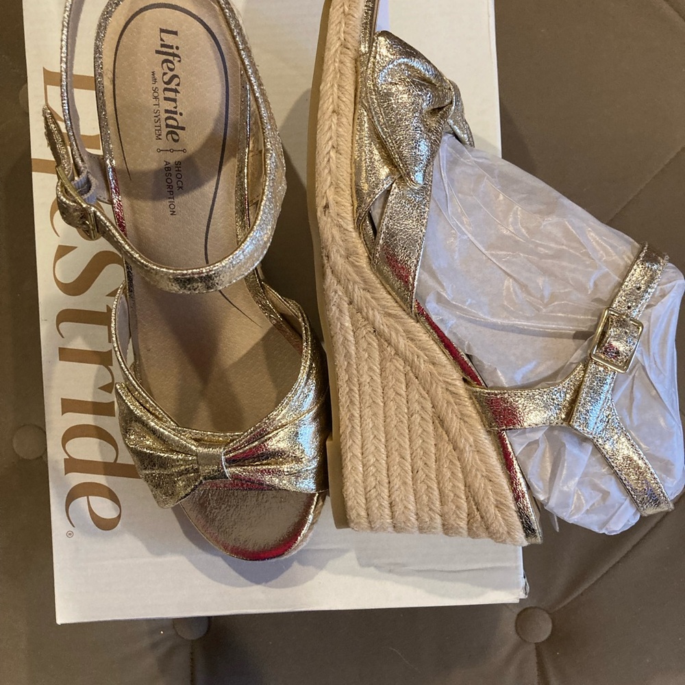 Life Stride Metallic Gold Wedge Sandals